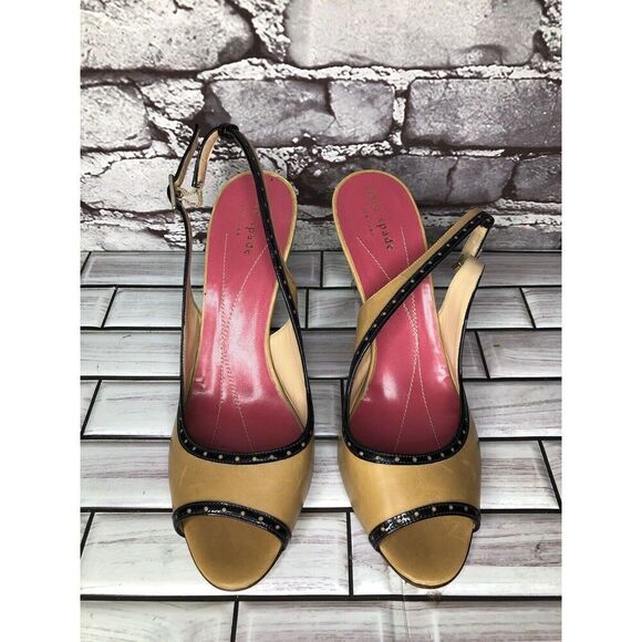 Kate Spade Camel Brown Black Patent Leather  Peep Toe Stiletto Heels Women Sz 8B - Picture 2 of 16